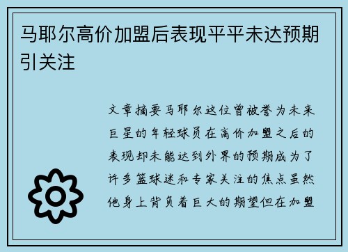 马耶尔高价加盟后表现平平未达预期引关注