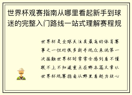 世界杯观赛指南从哪里看起新手到球迷的完整入门路线一站式理解赛程规则看点